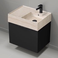 Floating Small Black Bathroom Vanity, Modern, 24 inch, Travertine Style Sink